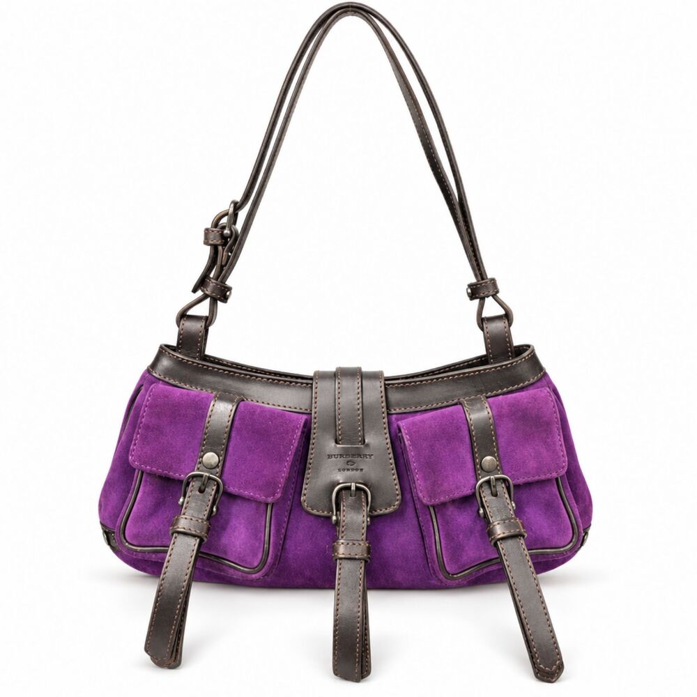 Burberry Made in Italy Purple Suede Convertible Baguette Shoulder Bag